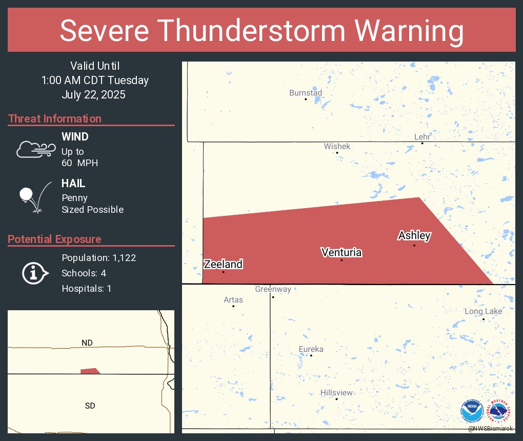 NWSBismarck's tweet image. Severe Thunderstorm Warning continues for Ashley ND, Zeeland ND and Venturia ND until 1:00 AM CDT