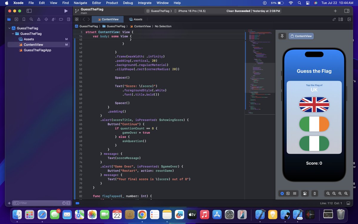 AtharvChoughule's tweet image. Day 22 of #100DaysOfSwiftUI:
Finished Guess the Flag with scoring, feedback for wrong answers, and a full game loop with 8 questions and a reset. A solid challenge in state and game logic.
#Swift #SwiftUI #iOSDev #100DaysOfCode