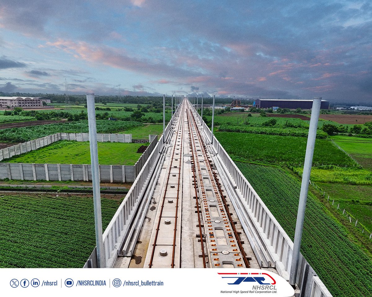As the monsoon nourishes the fields below, OHE (Overhead Equipment) installation continues steadily along the viaducts in Navsari—marking a new phase of progress for India’s first bullet train.