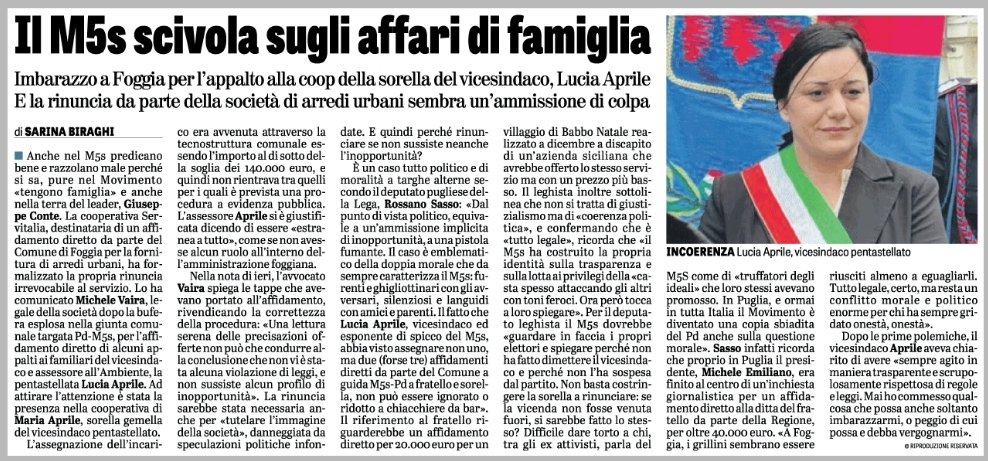 roxsasso's tweet image. Il m5s continua a tacere sullo scandalo di Foggia.
La cooperativa di amici e parenti una volta scoperta ha rinunciato all'affidamento diretto del Comune, ma il vicesindaco del m5s, Lucia Aprile, pupilla di Giuseppe Conte e travolta dallo scandalo, è ancora al suo posto.
E i…