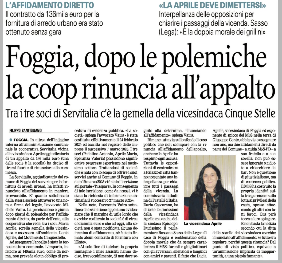 roxsasso's tweet image. Il m5s continua a tacere sullo scandalo di Foggia.
La cooperativa di amici e parenti una volta scoperta ha rinunciato all'affidamento diretto del Comune, ma il vicesindaco del m5s, Lucia Aprile, pupilla di Giuseppe Conte e travolta dallo scandalo, è ancora al suo posto.
E i…