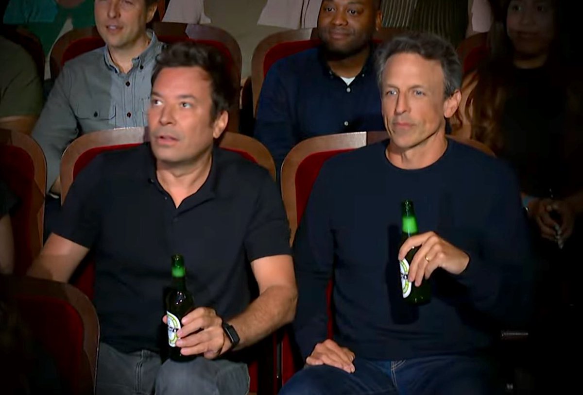 PopBase's tweet image. Late night TV hosts Jimmy Fallon, John Oliver, Seth Meyers and Jon Stewart all showed up to Stephen Colbert’s show tonight to show solidarity after CBS cancelled it.
