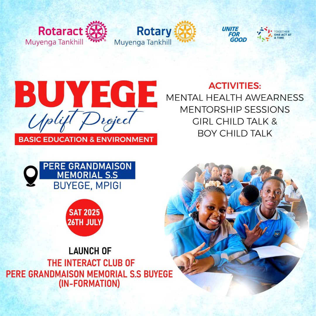 Rotaract Club of Muyenga Tankhill (@ractankhill) on Twitter photo 📢 We’re heading to Buyege 🥳✨
This Saturday, 26th July, we are at Pere Grandmaison Memorial S.S for the Buyege Uplift Project in Mpigi 💫
And we are excited to Launch the Interact Club of Pere Grandmaison Memorial S.S!
In Partnership with <a href="/RCTankhill/">Rotary Club of Muyenga Tankhill</a>
#BuyegeUpliftProject 📢 We’re heading to Buyege 🥳✨
This Saturday, 26th July, we are at Pere Grandmaison Memorial S.S for the Buyege Uplift Project in Mpigi 💫
And we are excited to Launch the Interact Club of Pere Grandmaison Memorial S.S!
In Partnership with <a href="/RCTankhill/">Rotary Club of Muyenga Tankhill</a>
#BuyegeUpliftProject