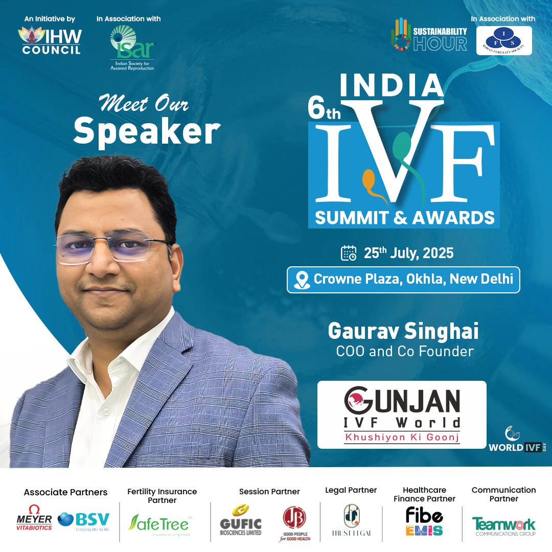 IHW Council (@ihwcouncil) on Twitter photo We are delighted to welcome Mr. Gaurav Singhai, COO & Co-Founder, <a href="/GunjanIVFworld/">Gunjan IVF World</a> , as an esteemed speaker at the 6th India #IVFSummit2025!
📍 25th July, 2025 | Crowne Plaza, Okhla, New Delhi
👉 To know more, click here: ihwcouncil.org/india-ivf-summ…
#IHWCouncil #ISAR #IndiaIVF We are delighted to welcome Mr. Gaurav Singhai, COO & Co-Founder, <a href="/GunjanIVFworld/">Gunjan IVF World</a> , as an esteemed speaker at the 6th India #IVFSummit2025!
📍 25th July, 2025 | Crowne Plaza, Okhla, New Delhi
👉 To know more, click here: ihwcouncil.org/india-ivf-summ…
#IHWCouncil #ISAR #IndiaIVF