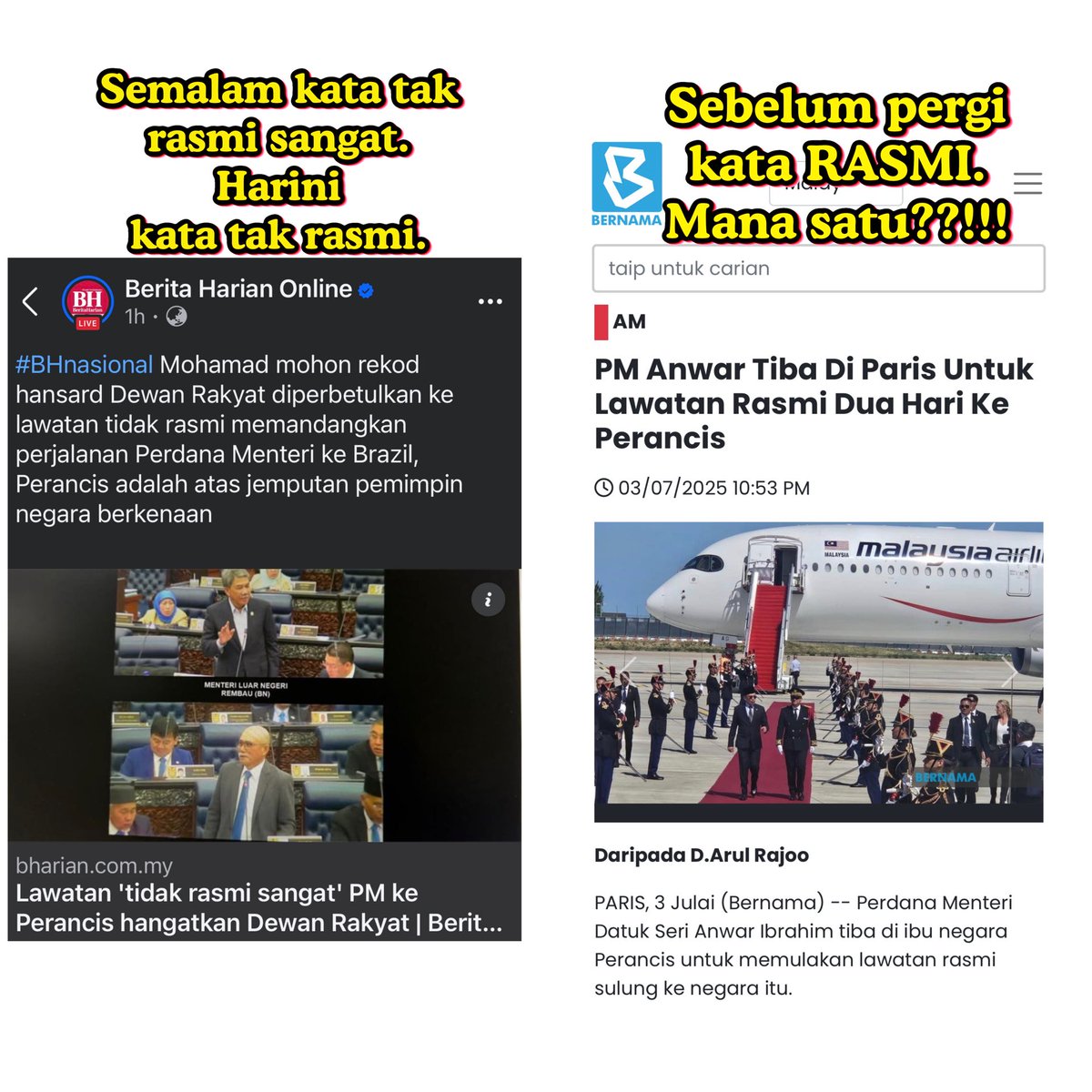 wanfayhsal's tweet image. โLawatan tak rasmi sangatโโฆ tapi pakai jet rasmi, bawa delegasi rasmi, guna dana rasmi dan kononnya jemputan rasmi. Jadi sebenarnya ini lawatan apa? Rasmi dalam hati, tak rasmi di kertas? ๐ค
#MadaniAuta #madanigagal #SukaSukaTravel #BiliunBiliun #turunanwar