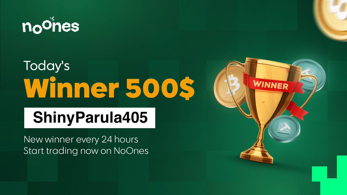 🎉 First $500 Winner Alert! 🎉

Congrats to ShinyParula405 — the very first winner of our $500 daily giveaway! 💸

The prize is already in your NoOnes wallet.

Every day, one NoOnes trader wins $500.

Want to be next? Just trade.

Read more: support.noones.com/hc/en-us/artic…