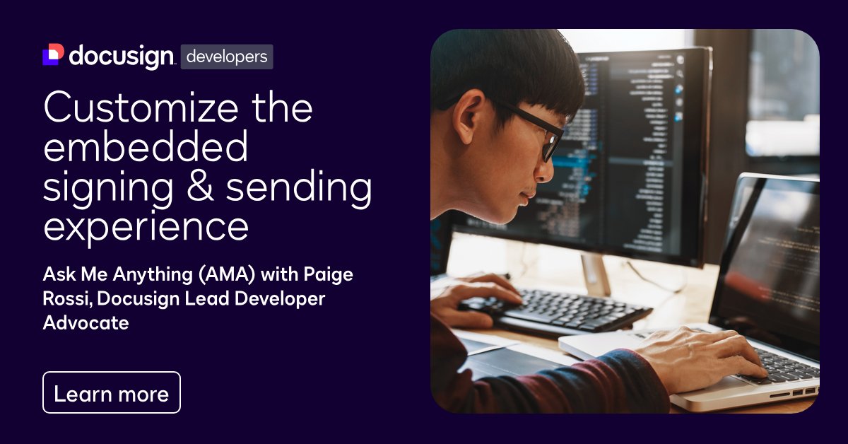 DocusignDevs's tweet image. ⏰ Reminder, #DocusignDevs: Our async AMA is open through July 31! Dive into building seamless eSignature experiences right into your app, and you might just win a $100 gift while you're at it. 🎁
Have questions about embedding signing and sending? Now’s your chance to ask Paige…