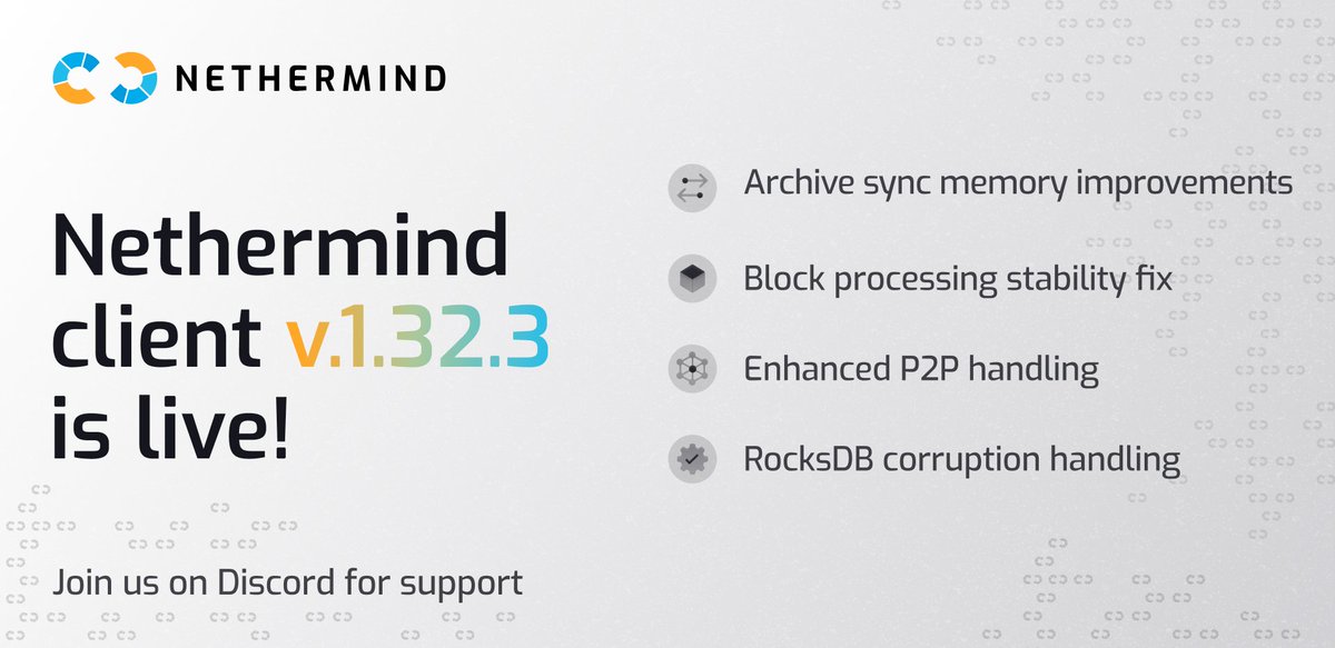 NethermindEth's tweet image. Nethermind Client v1.32.3 is live. ⚡️
A performance-focused release packed with stability, sync, and resilience improvements:
· Archive/full sync memory fixes and improvements
· BlockProcessing stability patch
· Enhanced P2P handling
· RocksDB corruption auto-recovery
🔗 Learn…
