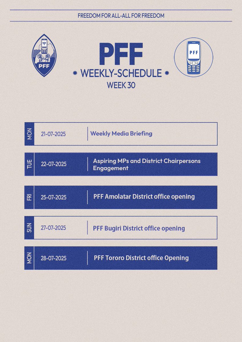 Sabasabaupdates (@sabasabaupdates) on Twitter photo Newly launched opposition Peoples Front for Freedom -PFF announces the opening of 3 party offices in Districts of Amolatar, Bugiri and Tororo this week.
<a href="/Katonga311/">PEOPLE'S FRONT FOR FREEDOM (PFF)- KATONGA</a> <a href="/PFF_Ug/">PEOPLE'S FRONT FOR FREEDOM (PFF) -KATONGA</a> <a href="/ccgea1/">Center for Constitutional Governance (CCG)</a> <a href="/WafulaPhilip5/">Wafula Oguttu</a> <a href="/WinnieKiiza/">Winnie Kiiza</a> <a href="/anderlukson/">Kenneth Anderson Lukwago</a> <a href="/DuncanAbigaba/">Duncan Abigaba</a> Newly launched opposition Peoples Front for Freedom -PFF announces the opening of 3 party offices in Districts of Amolatar, Bugiri and Tororo this week.
<a href="/Katonga311/">PEOPLE'S FRONT FOR FREEDOM (PFF)- KATONGA</a> <a href="/PFF_Ug/">PEOPLE'S FRONT FOR FREEDOM (PFF) -KATONGA</a> <a href="/ccgea1/">Center for Constitutional Governance (CCG)</a> <a href="/WafulaPhilip5/">Wafula Oguttu</a> <a href="/WinnieKiiza/">Winnie Kiiza</a> <a href="/anderlukson/">Kenneth Anderson Lukwago</a> <a href="/DuncanAbigaba/">Duncan Abigaba</a>