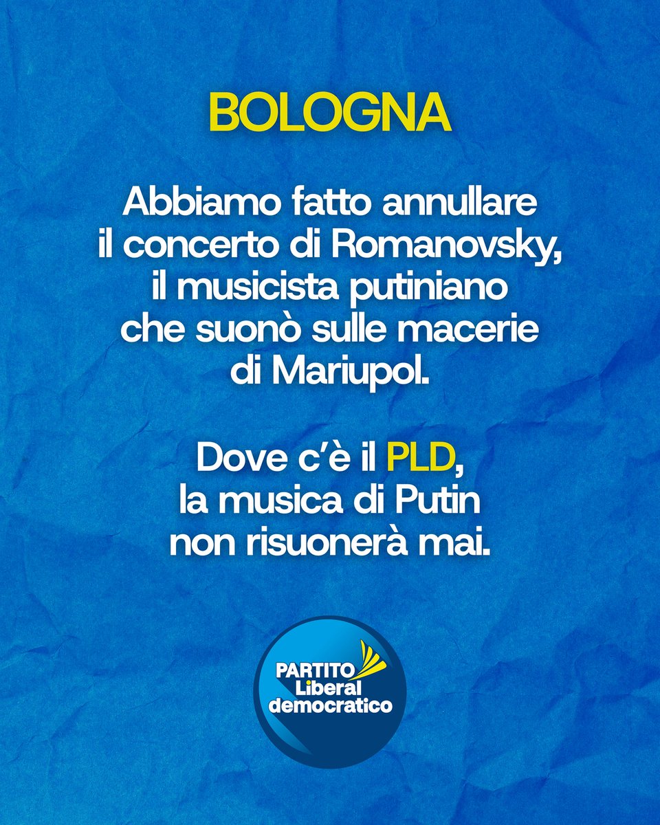 A Bologna #Putin non passa.

Grazie al lavoro del PLD, #Romanovsky non salirà sul palco.
Non dopo aver suonato sulle macerie di #Mariupol, mentre un popolo veniva schiacciato sotto le bombe russe.

Questa non è censura. È coscienza.
È sapere da che parte stare.
E noi, da quella