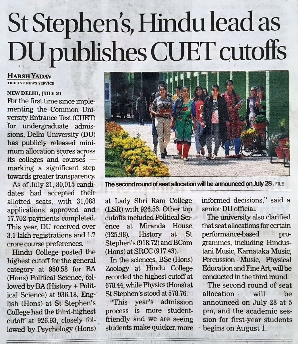 ydv_harshh's tweet image. St Stephen’s, Hindu lead as DU publishes CUET cutoffs
As of July 21, 80,015 candidates had accepted their allotted seats, with 31,088 applications approved and 17,702 payments completed
Link- tribuneindia.com/news/delhi/st-…
@thetribunechd
@anshumalini3
@UnivofDelhi