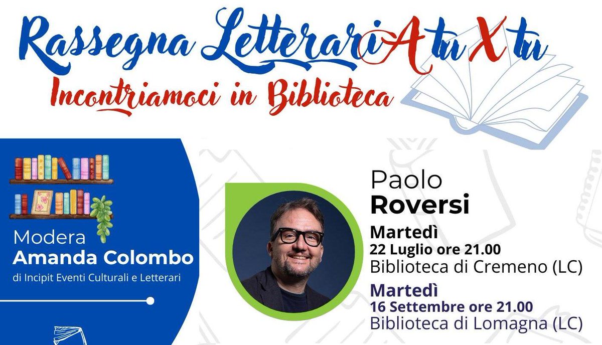 STASERA!
Martedì 22 luglio alle ore 21 presenterò a Cremeno (LC) il mio romanzo “L’enigma Kaminski” (Mondadori). Appuntamento in biblioteca. paoloroversi.me/evento/paolo-r…