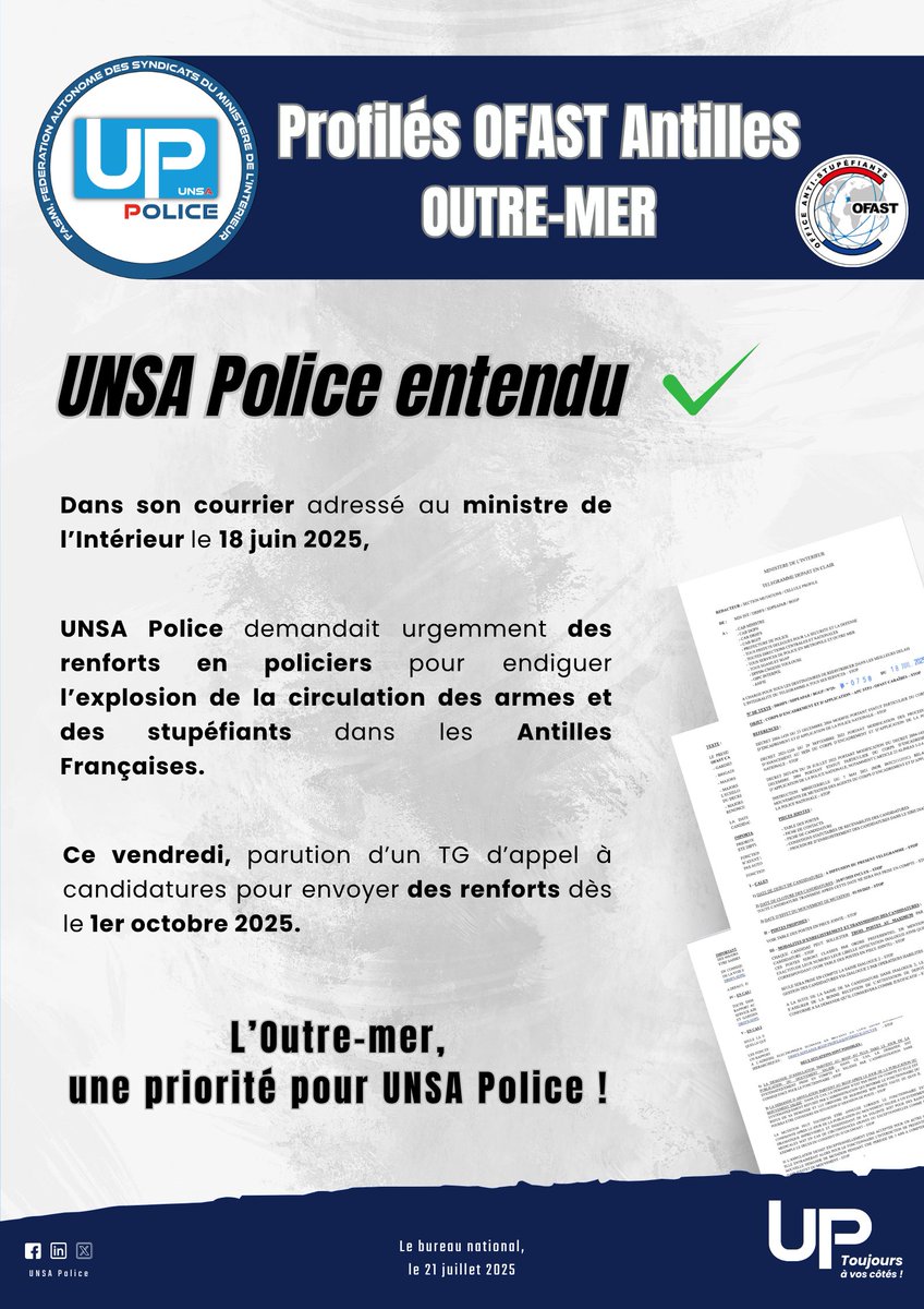 [ #OFAST ] : UNSA Police entendu !

📨 Dans un courrier adressé au ministre de l’Intérieur, UNSA Police alertait sur l’explosion de la circulation des armes et des stupéfiants aux Antilles françaises, demandant urgemment des renforts.

✅ Un télégramme d’appel vient d’être publié