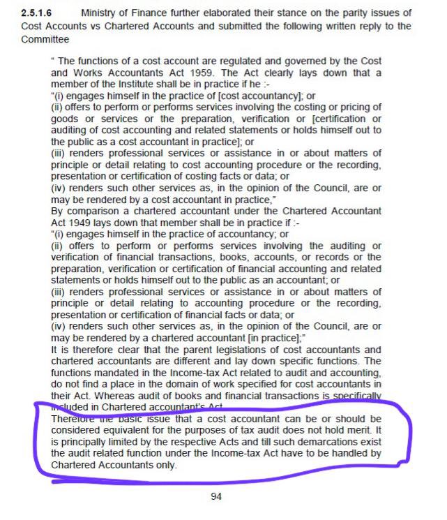 NSK_Associates's tweet photo. These lines are framed by @theicai not by Select committee, the below tweet partially misguides. 

Major reason the committee told is the source of respective acts i.e., CWA Act &amp; CA Act, not mere #competence.  

Irony is, this logic misses in RERA COST CERTIFICATION
#injustice https://t.co/KlOicG1oc3