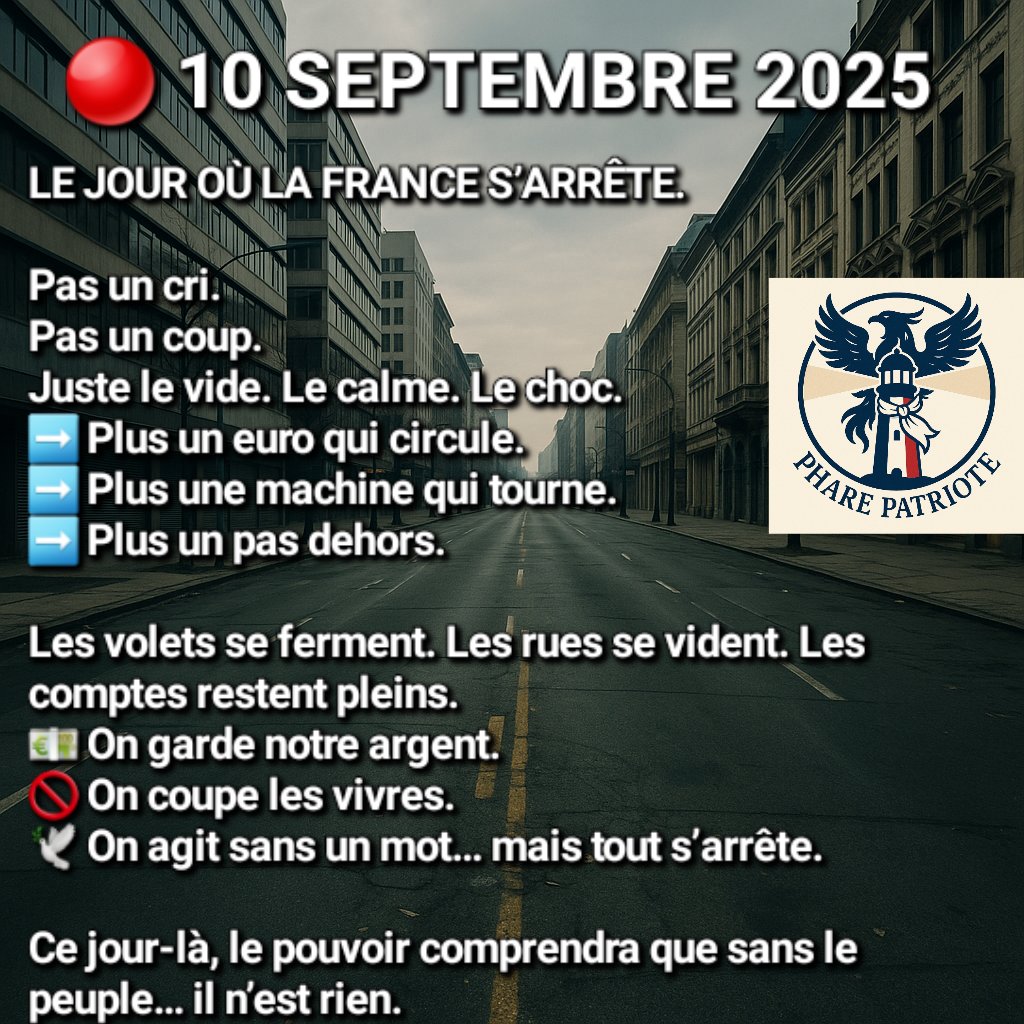 🔴 À partir du 10 septembre, restons chez nous :
C’est silencieux, c’est redoutable, et l’État sera sans défense face à un peuple qui coupe les vivres !
Aucun syndicat, parti ou organisme ne pourra récupérer notre colère.
Notre seul symbole : le #FoulardBlanc ✊🇫🇷

👉 Pourquoi ça