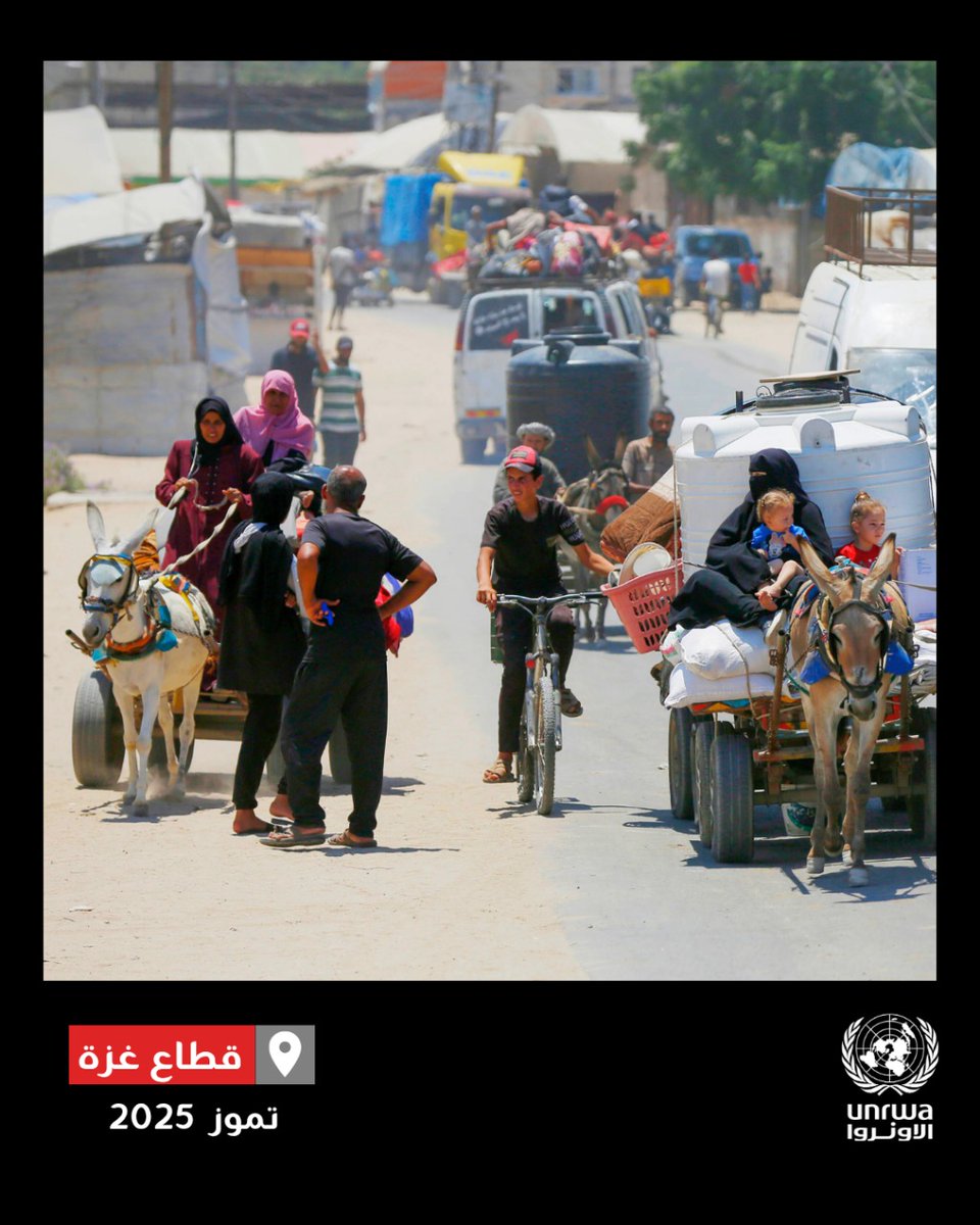UNRWAarabic's tweet image. يستمر النزوح في أنحاء #غزة، حيث لم يعد الوصول ممكنًا إلا إلى أقل من عُشر مساحتها، مما فاقم من العزلة بين الشمال والجنوب.
يُجبر الناس على الفرار مجددًا، دون أي مكان آمن يلجؤون إليه.
لقد نزح الكثيرون بالفعل عدة مرات.
#وقف_إطلاق_النار بات ضرورة ملحة.