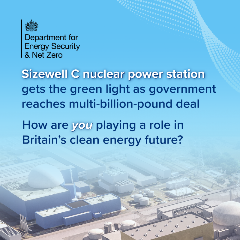 energygovuk's tweet photo. Sizewell C gets the green light to become the first nuclear power station co-owned by the government to be built in a generation.   

Millions of people will benefit from cheaper clean power, as the government agrees a landmark multi-billion-pound deal to build Sizewell C.