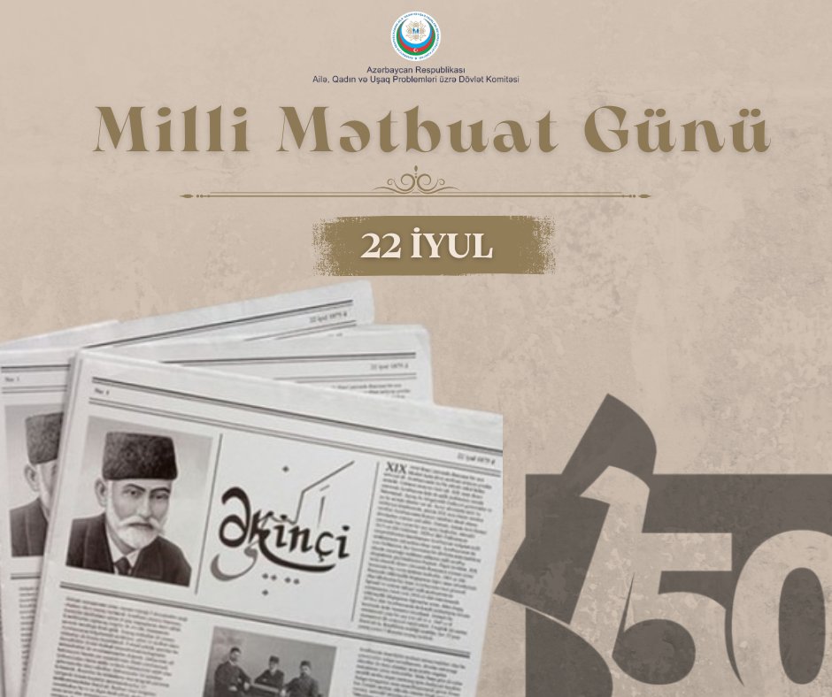 Bu gün #AzərbaycanMilliMətbuatı|nın yaranmasının 150 illiyini böyük qürur hissi və təntənə ilə qeyd edirik!

Bütün #media nümayəndələrini təbrik edir,  cəmiyyətə dürüst və obyektiv informasiya çatdırmaq yolunda uğurlar arzulayırıq.

#MilliMətbuatGünü #150İllik #Əkinçi