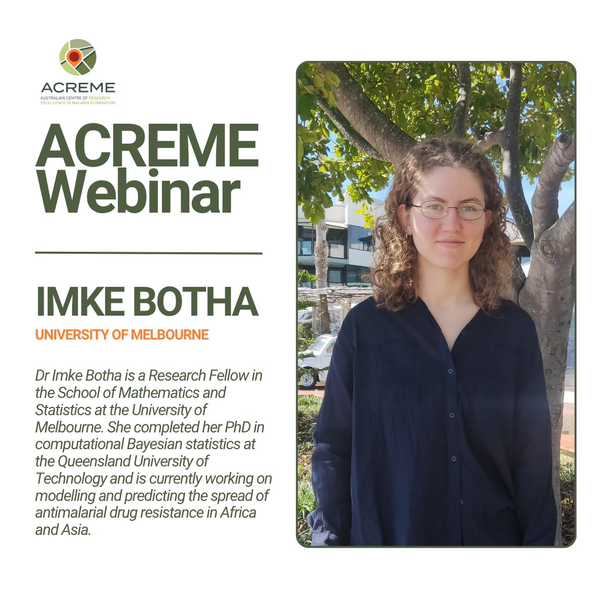 Join Imke Botha on Thursday 18 September 3.00pm-4.00pm AEST for the webinar "Modelling SP resistance through dhfr and dhps haplotypes". Register now: events.humanitix.com/acreme-webinar…

#Malaria #DrugResistance #GlobalHealth #MalariaElimination