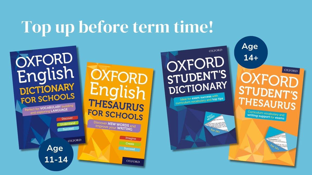 Be Word-Ready for the New Term✏️ 

Oxford Dictionaries &amp; Thesauruses, for ages 11–14 and 14+, are perfect for essays, homework and helping students achieve their academic best.

Start the year confident, clear, and word-ready! 📖

Available to buy here: ow.ly/sgYz50WjHc6