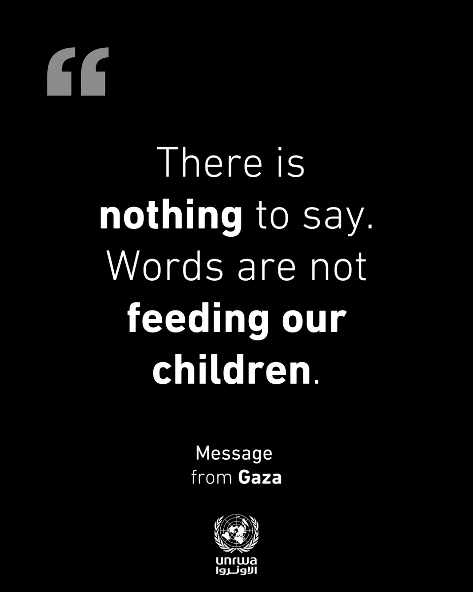 UNRWA's tweet image. People in #Gaza, including UNRWA colleagues, are fainting due to severe hunger. They are being starved.
Meanwhile, just a few kilometers away from Gaza supermarkets and shops are loaded with food and other goods.
Lift the siege.
Allow UNRWA to bring in food and medicines.