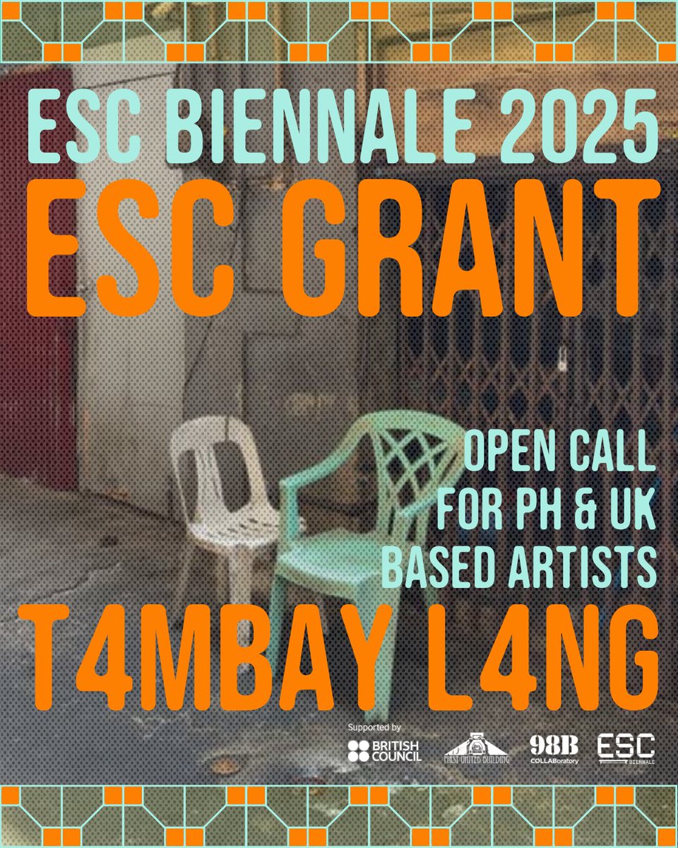 phBritish's tweet image. 📢 Open Call for Artists! 🇬🇧🇵🇭
Apply now for ESC Biennale 2025: T4MB4Y L4NG! The 2025 edition explores the notion of tambay - embracing unstructured time and spontaneous presence.
👉 Click link to apply: bit.ly/98b-esc2025-op…
⏰ Deadline of application: 31 July 2025
#grants