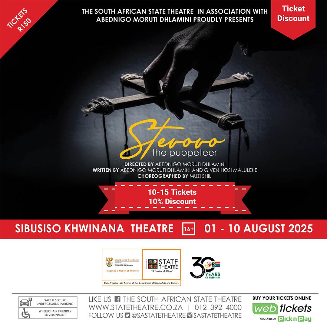 🎟 GROUP DISCOUNT ALERT! 🔥
Experience the powerful story of Stevovo the Puppeteer at a special rate!
Perfect for theatre lovers, schools, or group bookings.
🔞 Age Restriction: 16+
🎭 Don’t miss this bold and unforgettable production!
#StevovoThePuppeteer #GroupDiscount #SAST