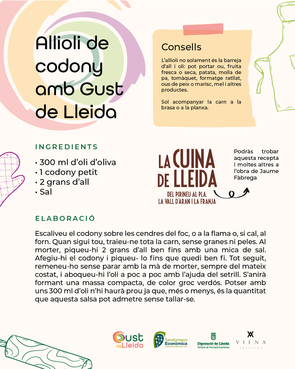 Patronat de Promoció Econòmica Diputació de Lleida (@promo_economica) on Twitter photo 🧄 Allioli de codony amb Gust de Lleida
Una salsa potent i suau alhora, amb un toc dolç del codony escalivat.
🔥 Ideal per carns a la brasa!
📘 La trobaràs al llibre 'La cuina de Lleida', de <a href="/JaumeFabrega/">Jaume Fàbrega</a> i <a href="/Viena_Edicions/">Viena Edicions</a> 🧄 Allioli de codony amb Gust de Lleida
Una salsa potent i suau alhora, amb un toc dolç del codony escalivat.
🔥 Ideal per carns a la brasa!
📘 La trobaràs al llibre 'La cuina de Lleida', de <a href="/JaumeFabrega/">Jaume Fàbrega</a> i <a href="/Viena_Edicions/">Viena Edicions</a>