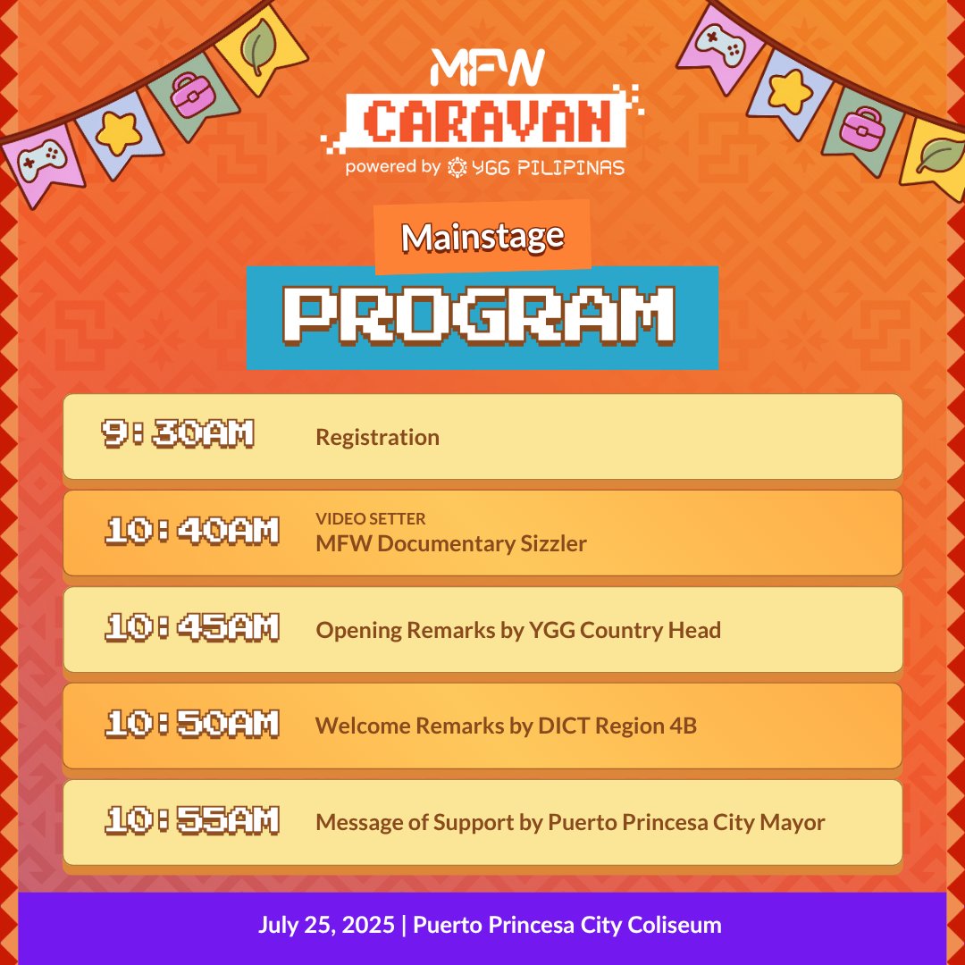 MFWCaravan's tweet image. Kung may Biyernes na hindi mo dapat palampasin, ito na ’yon dahil sa MFW Caravan!
May program sa mainstage, career workshops, at game tournaments all in one day 🤯
