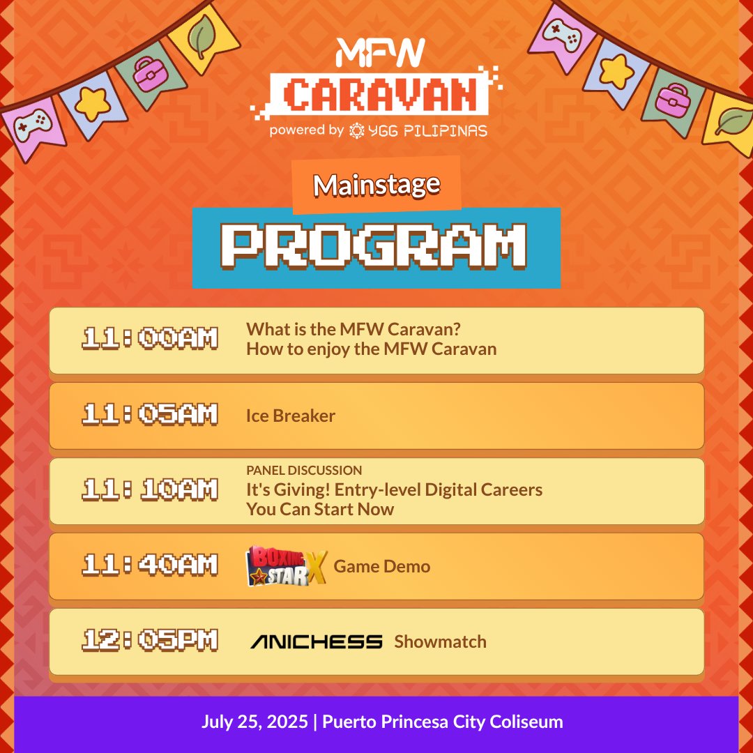 MFWCaravan's tweet image. Kung may Biyernes na hindi mo dapat palampasin, ito na ’yon dahil sa MFW Caravan!
May program sa mainstage, career workshops, at game tournaments all in one day 🤯
