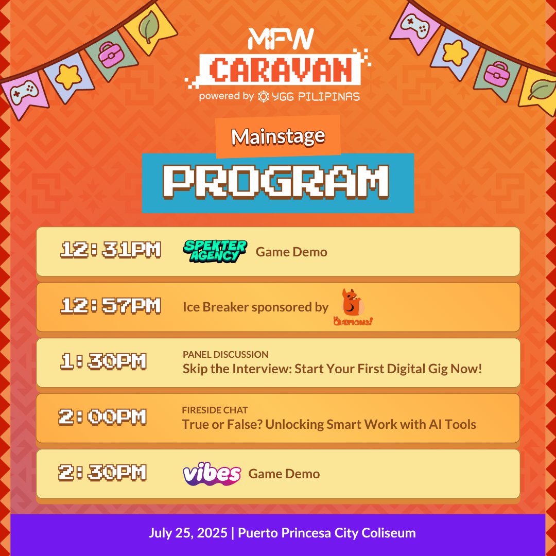 MFWCaravan's tweet image. Kung may Biyernes na hindi mo dapat palampasin, ito na ’yon dahil sa MFW Caravan!
May program sa mainstage, career workshops, at game tournaments all in one day 🤯