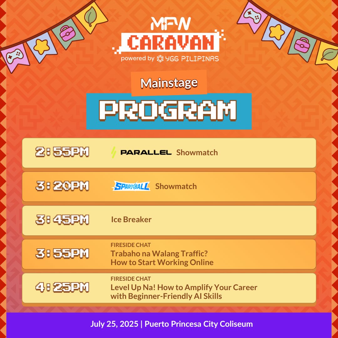 MFWCaravan's tweet image. Kung may Biyernes na hindi mo dapat palampasin, ito na ’yon dahil sa MFW Caravan!
May program sa mainstage, career workshops, at game tournaments all in one day 🤯
