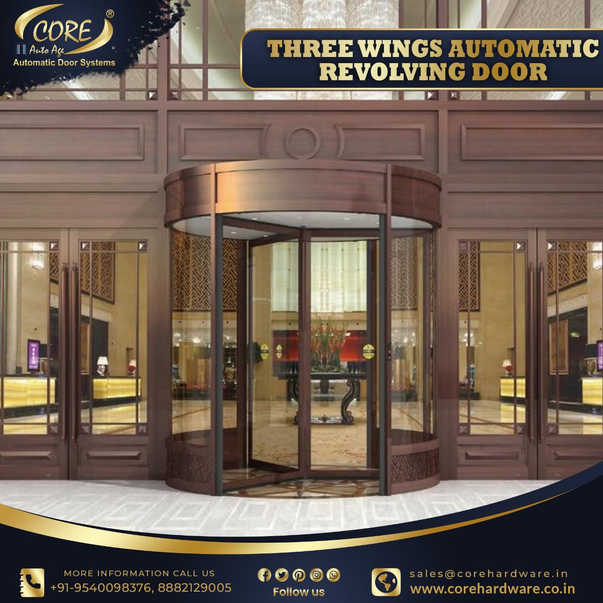 coreautoage's tweet image. Experience seamless entry with Core&apos;s Three Wings Automatic Revolving Door — where innovation meets elegance. Perfect for high-traffic entrances!

#ThreeWingsRevolvingDoor #AutomaticRevolvingDoor #RevolvingDoor #SmartEntrance #ModernEntrance #CoreHardware