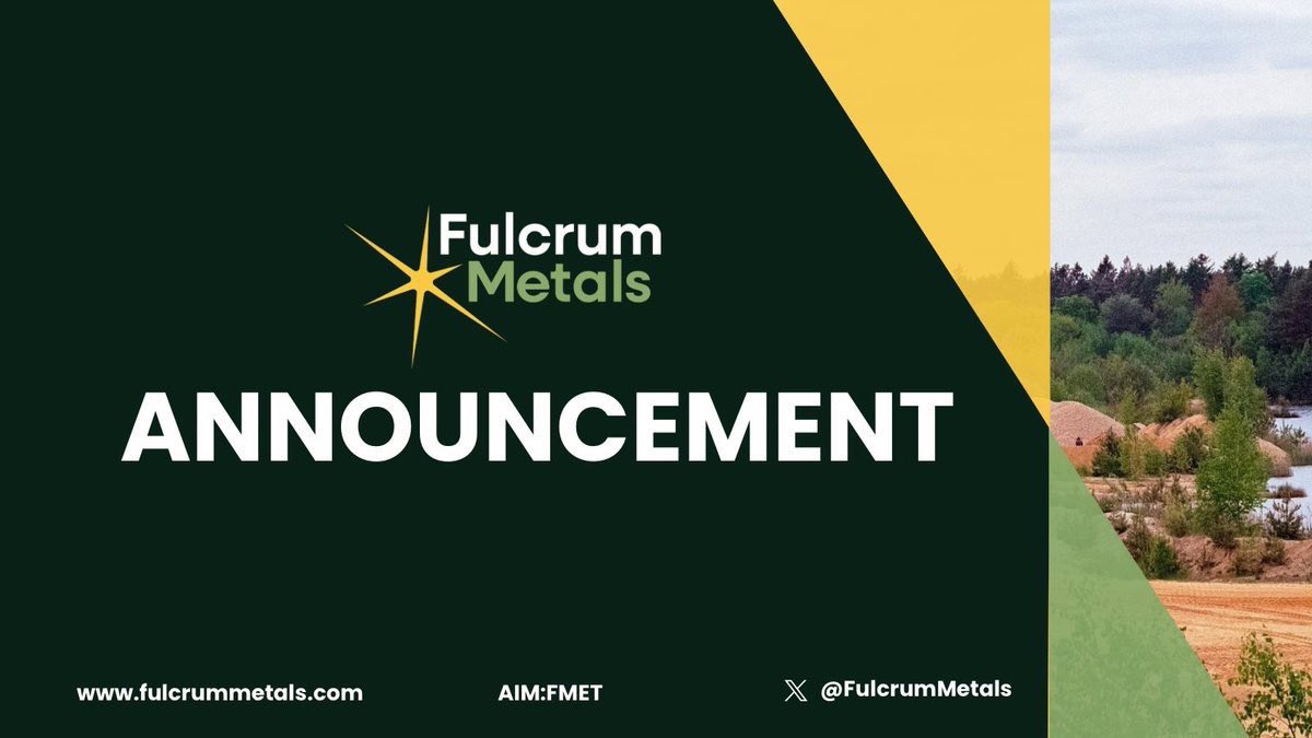 Fulcrum Metals PLC #FMET $J2M (@fulcrummetals) on Twitter photo Placing and Subscription to raise £1.045 million 🔔
<a href="/FulcrumMetals/">Fulcrum Metals PLC</a> is pleased to announce that it has raised a total of £1.045 million through a placing and direct subscription of new ordinary shares of 1 pence each in the Company at a price of 3 pence per share.
➡️ The Placing and Subscription to raise £1.045 million 🔔
<a href="/FulcrumMetals/">Fulcrum Metals PLC</a> is pleased to announce that it has raised a total of £1.045 million through a placing and direct subscription of new ordinary shares of 1 pence each in the Company at a price of 3 pence per share.
➡️ The