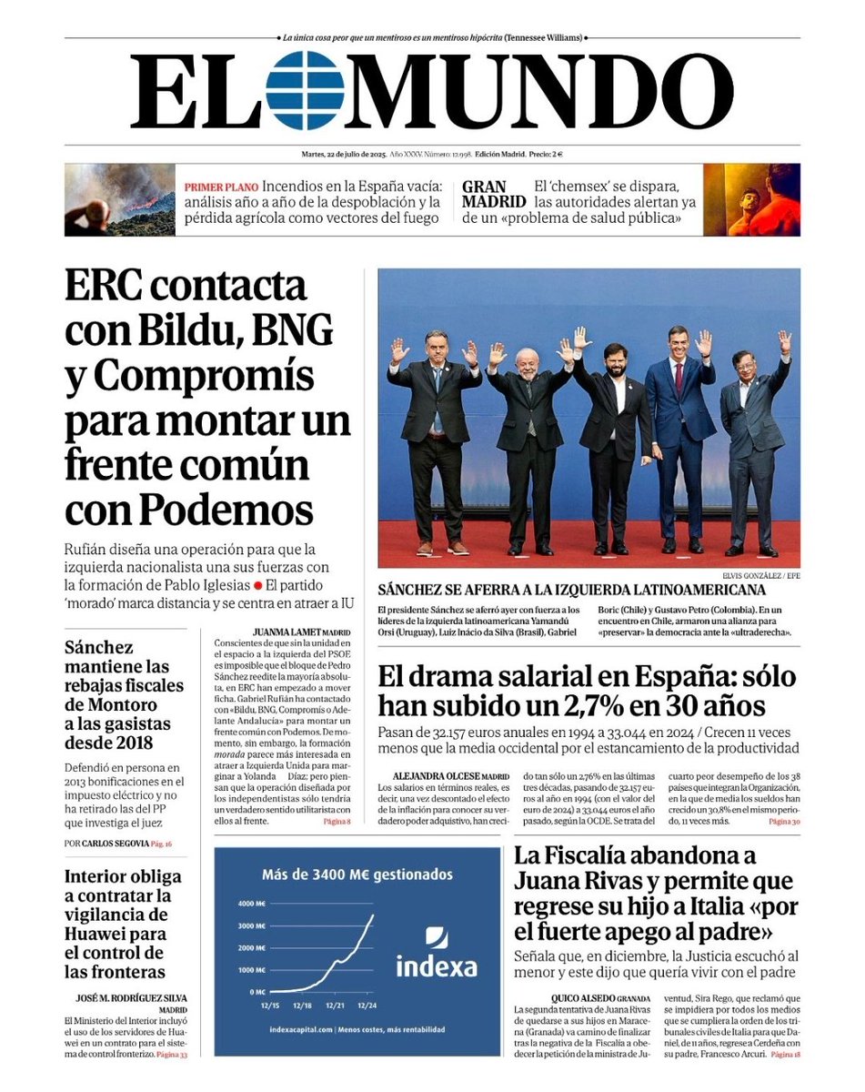 La portada del periódico El Mundo hoy martes, 22 de julio