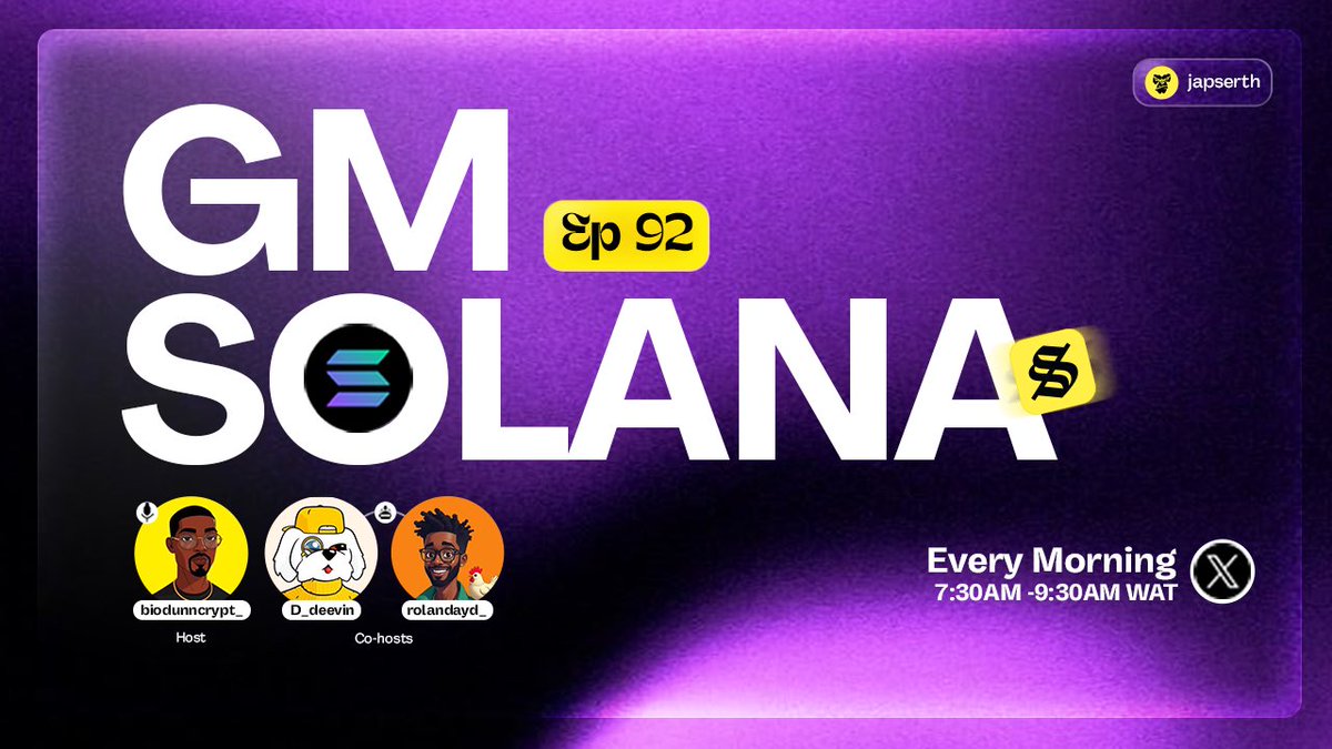Japserth's tweet image. Start your day right with an inspiring episode of GM Solana!
Join @bioduncrypt_, @D_deevin, and @rolandayd_ as they share powerful insights and practical tips on personal growth within the @solana ecosystem while spreading the gospel of @solflare.
P.S. I designed the visuals