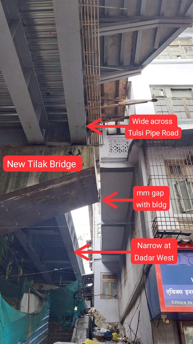 zoru75's tweet image. New Tilak Bridge, Dadar
Narrower at West
Wider across Tulsi Pipe Road
With mm gap to building
Span across Tulsi Pipe Road
6 girders
Wide at one end
Narrow at other end
Pillars at both ends of Tulsi Pipe Rd
One wider
Other narrower
My BMC + My MRIDC
= An engineering marvel