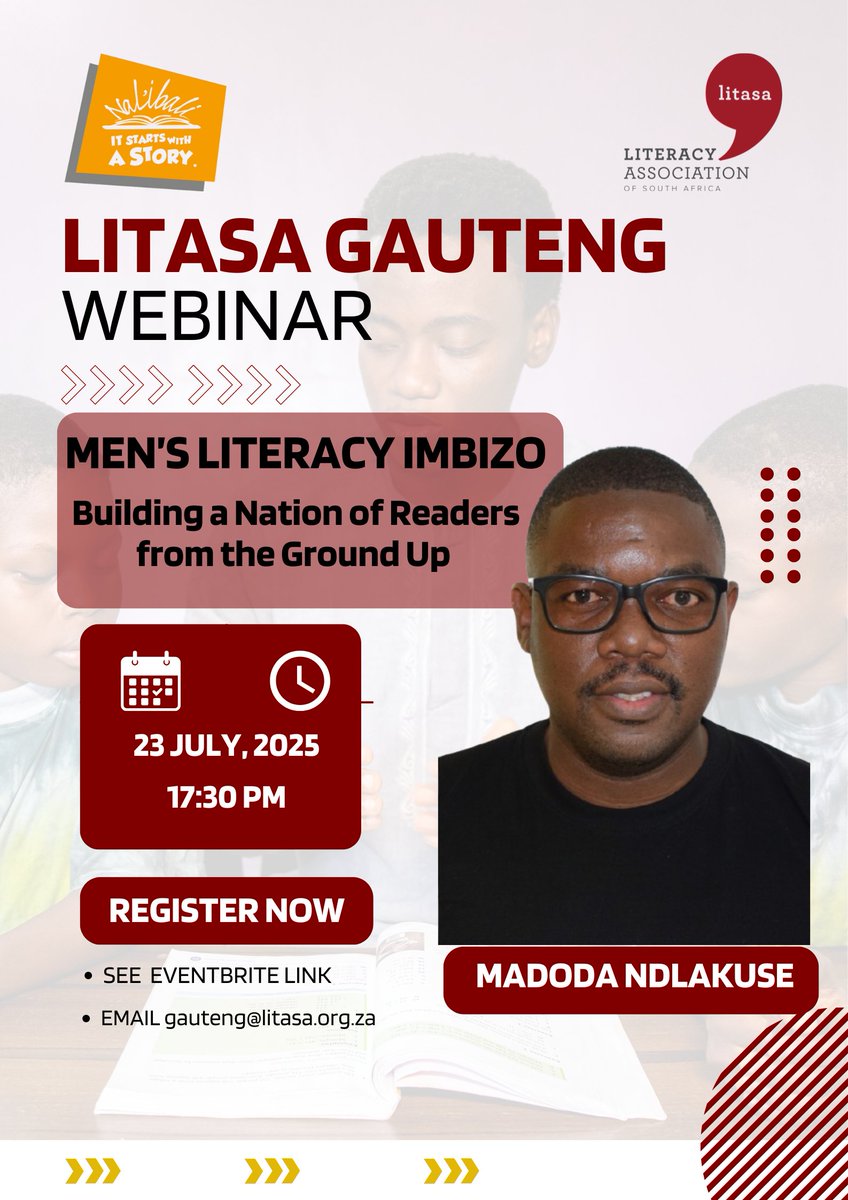 nalibaliSA's tweet image. REMINDER: Don't forget to join our Na'ibali Community Development Coordinator, Madoda Ndlakuse, as he discusses the work and impact of the Nal'ibali Men's Literacy Imbizo at the Literacy Association of South Africa's Gauteng Branch webinar tomorrow!
Register here:…