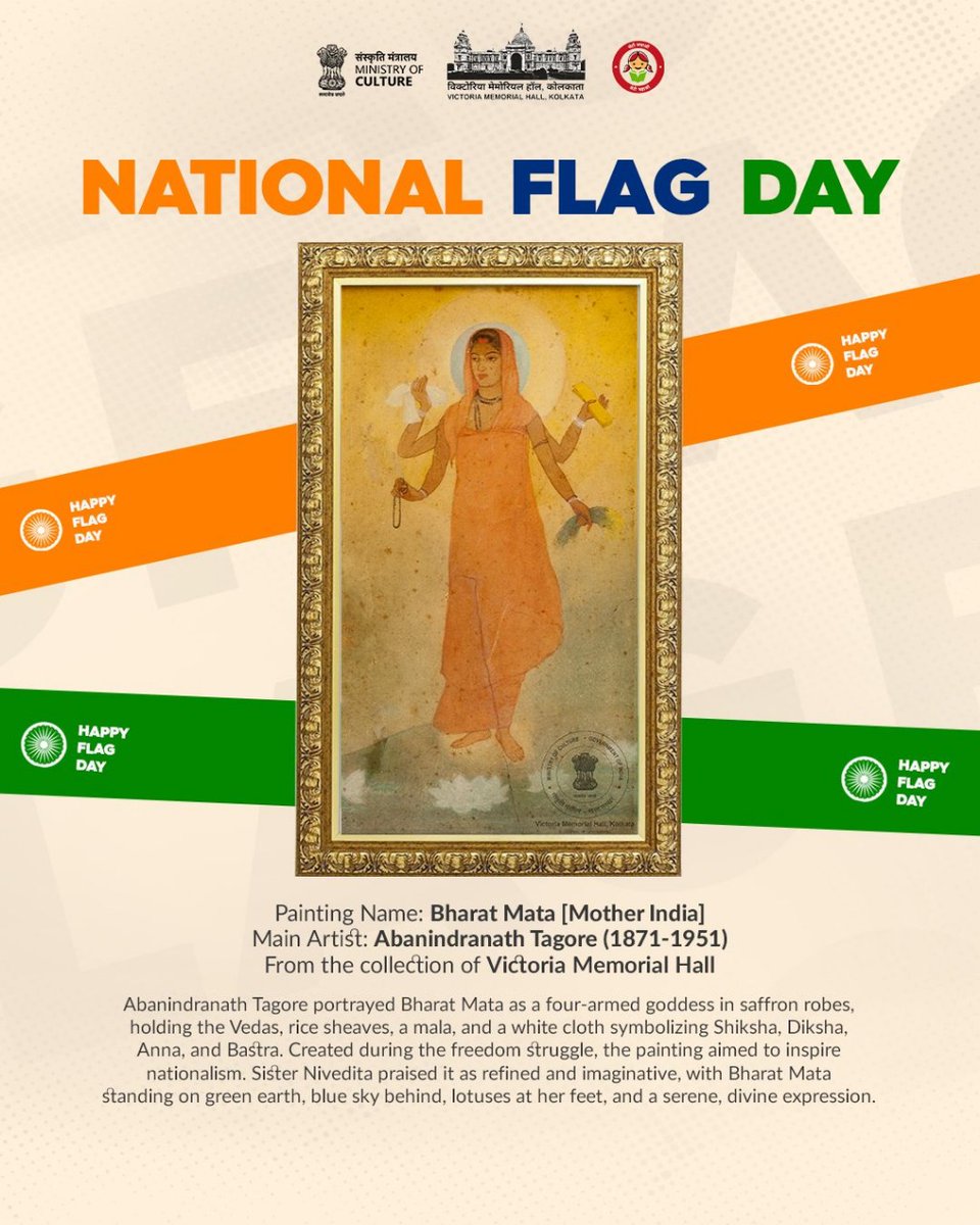 On #NationalFlagDay, we honour the spirit behind our Tricolour.

Featured: Bharat Mata by Abanindranath Tagore — a symbol of strength, serenity &amp; the freedom struggle.

From the collection of Victoria Memorial Hall, Kolkata.

#BharatMata #IndianArt #VMH