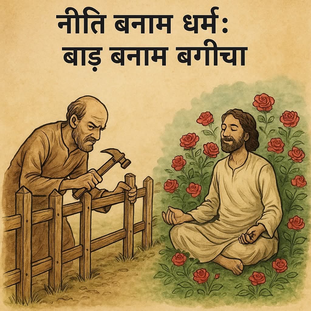 djshmbhu30's tweet image. 🌹 नीति बनाम धर्म: बाड़ बनाम बग़ीचा 🌿
(ओशो के एक प्रवचन से प्रेरित)
कभी सोचा है कि हम जीवन भर क्या करते रहते हैं?
बाड़ बनाते रहते हैं।
"यह मत करना, वहाँ मत जाना, ऐसा मत बोलना, वैसे मत दिखना..."
बस बाड़ ही बाड़... मगर भीतर बग़ीचा है कहाँ?
नीति कहती है—“मत करो!”
धर्म कहता…