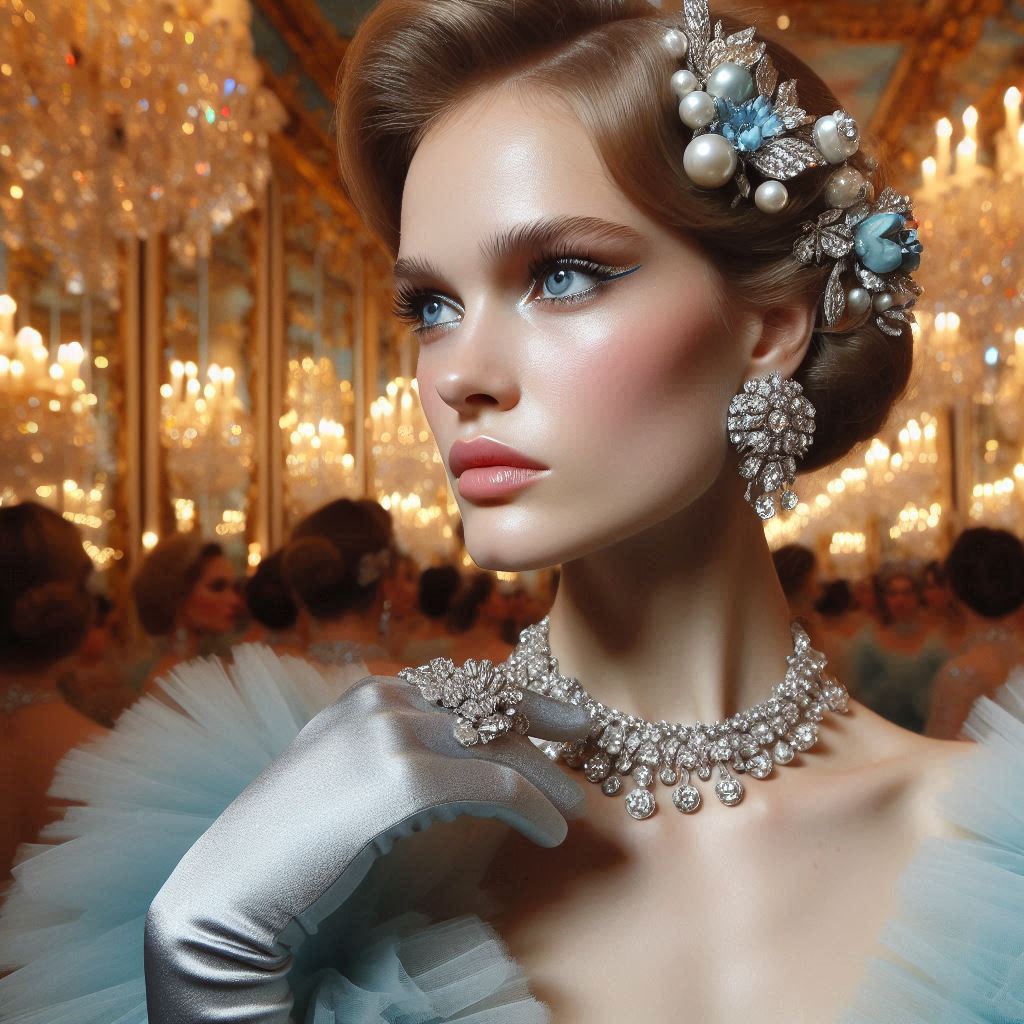 AI_ArtBeauty's tweet image. In the radiant embrace of chandeliers and the delicate luster of pearls, let your spirit soar like a timeless jewel, radiating grace, resilience, and an unbreakable strength with every elegant step you take through life's grand ballroom.