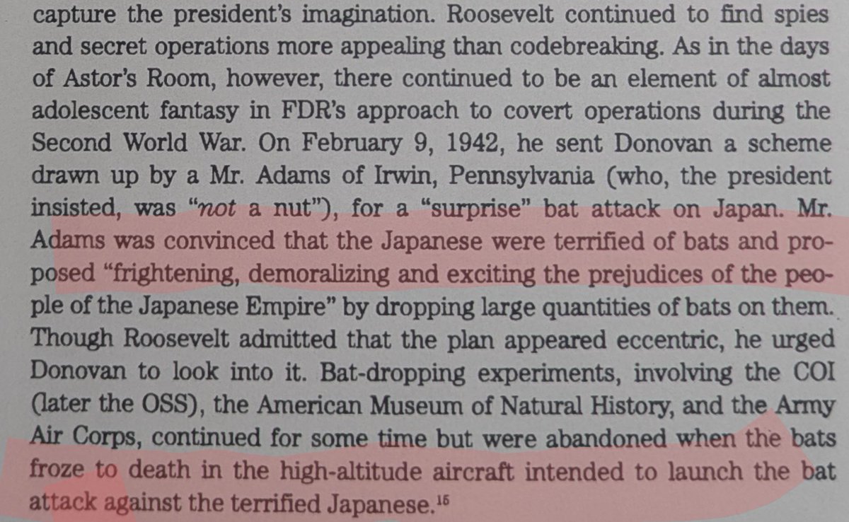 MishaTeplitskiy's tweet image. Wtf? During WWII Roosevelt explored idea of attacking Japan by dropping LARGE QUANTITIES OF BATS on them. And he got the idea from some random guy he claimed was definitely "NOT a nut"