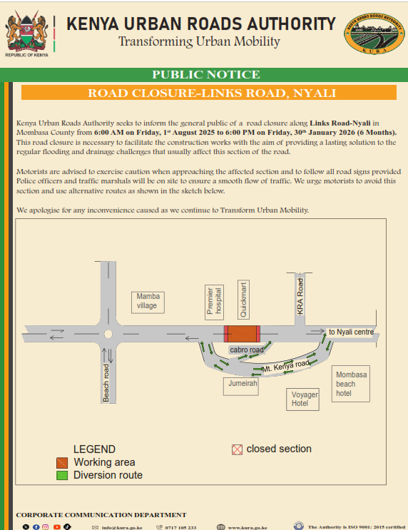 Kenya Urban Roads Authority (KURA) (@kuraroads) on Twitter photo Road Closure-Links Road Mombasa, Nyali. <a href="/MombasaCountyKe/">Mombasa County</a> <a href="/Ma3Route/">Ma3Route</a> <a href="/MuriraKinoti/">Eng. Silas Kinoti, EBS</a> <a href="/A_S_Nassir/">Abdulswamad Sheriff Nassir</a> <a href="/PwaniTraffic/">Mpwani traffic</a> <a href="/BarakaFmKe/">Baraka FM</a> <a href="/pwanifm/">pwanifm</a> <a href="/RadioKaya/">Radio Kaya</a> <a href="/BahariFM/">BahariFM</a> <a href="/Classic105Kenya/">Classic 105 Kenya</a> <a href="/RadioTaifaFM/">KBC Radio Taifa</a> <a href="/QuickmartKenya/">Quickmart Kenya</a> <a href="/PremierHospKE/">Premier Hospital</a> <a href="/MombasaBeachHot/">Mombasa Beach Hotel</a> <a href="/SpokespersonGoK/">Spokesperson GoK</a> Road Closure-Links Road Mombasa, Nyali. <a href="/MombasaCountyKe/">Mombasa County</a> <a href="/Ma3Route/">Ma3Route</a> <a href="/MuriraKinoti/">Eng. Silas Kinoti, EBS</a> <a href="/A_S_Nassir/">Abdulswamad Sheriff Nassir</a> <a href="/PwaniTraffic/">Mpwani traffic</a> <a href="/BarakaFmKe/">Baraka FM</a> <a href="/pwanifm/">pwanifm</a> <a href="/RadioKaya/">Radio Kaya</a> <a href="/BahariFM/">BahariFM</a> <a href="/Classic105Kenya/">Classic 105 Kenya</a> <a href="/RadioTaifaFM/">KBC Radio Taifa</a> <a href="/QuickmartKenya/">Quickmart Kenya</a> <a href="/PremierHospKE/">Premier Hospital</a> <a href="/MombasaBeachHot/">Mombasa Beach Hotel</a> <a href="/SpokespersonGoK/">Spokesperson GoK</a>