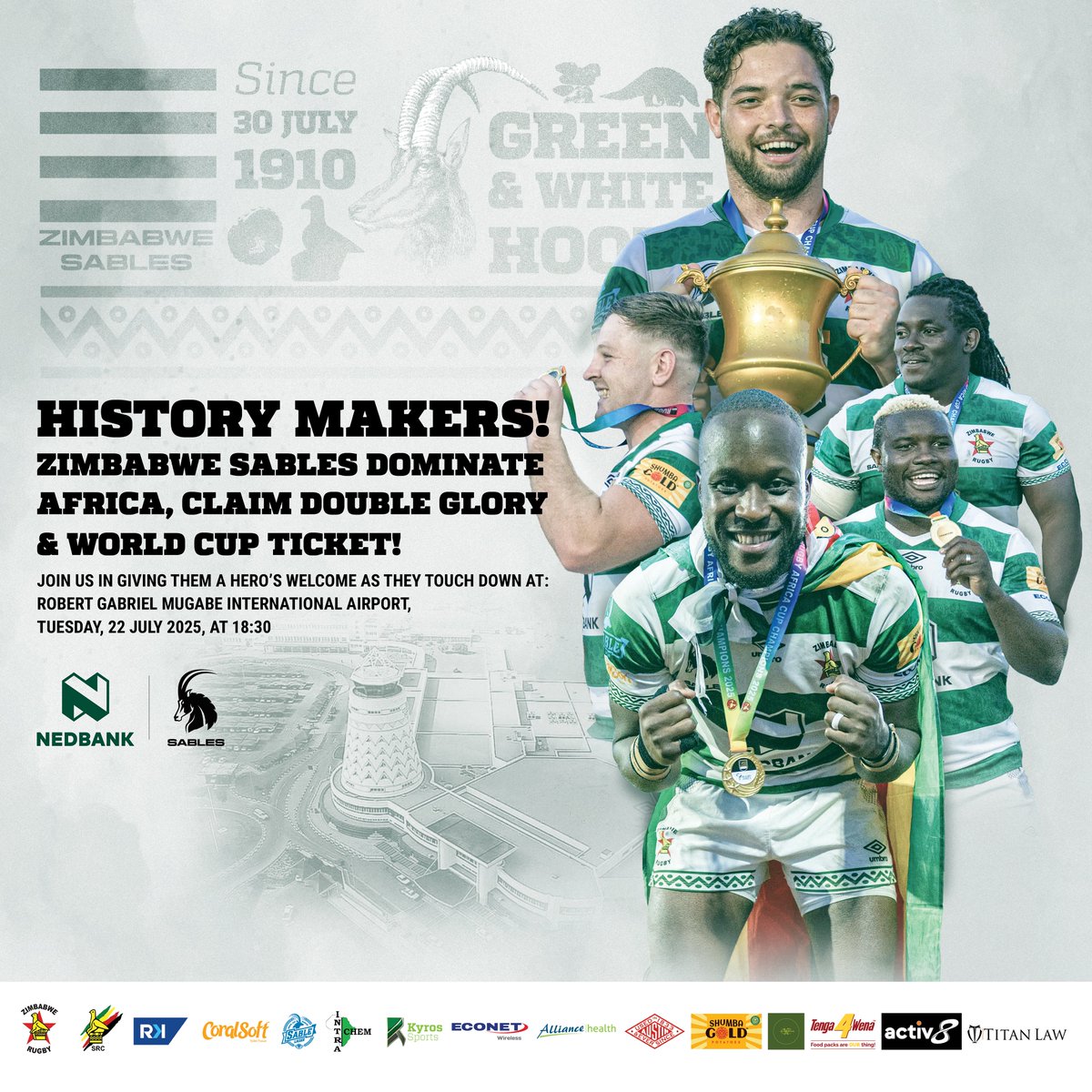 Your Sables arrive this evening at 630pm. Let’s all go and welcome the RWC Bound, double African Champs 😊🇿🇼🦌