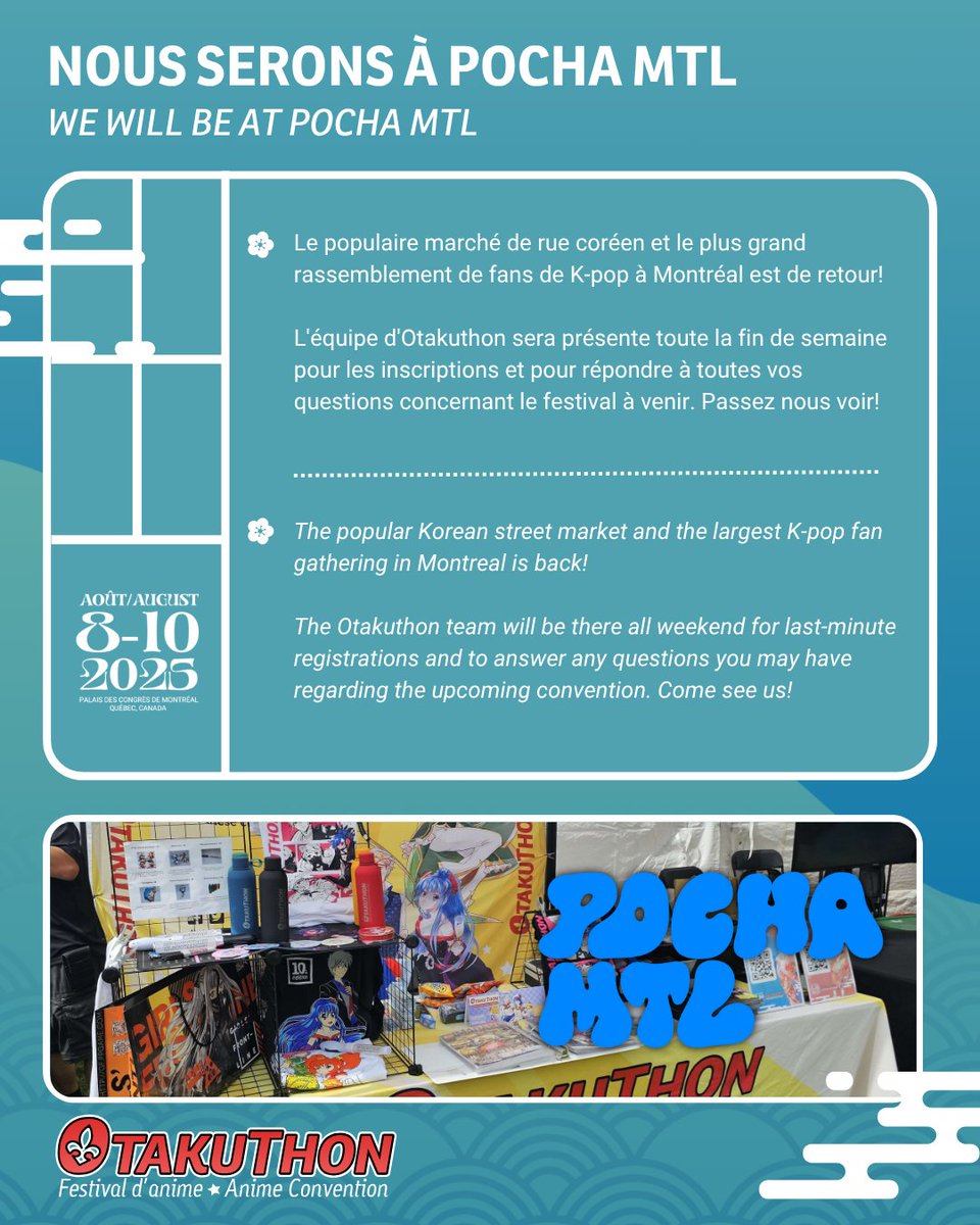 otakuthon's tweet image. 📣 POCHA MTL x OTAKUTHON 📣
☀️ The popular Korean street market and the largest K-pop fan gathering in Montreal is back!
👋 Visit our booth for registrations and the chance to win fun prizes.
📅 July 24 to 27
📍 Peel Basin, Griffintown
🎟️ bit.ly/billetterie-po…
