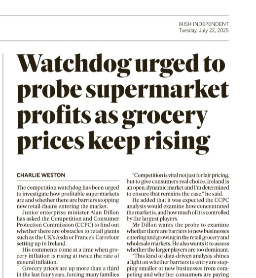 caulmick's tweet image. Minister urges consumer watchdog to probe profits of supermarket chains as grocery prices keep rising - Charlie Weston
Grocery prices are up more than a third in the last four years, forcing many families to shell out an additional €3,000 a year for household essentials.
*In…