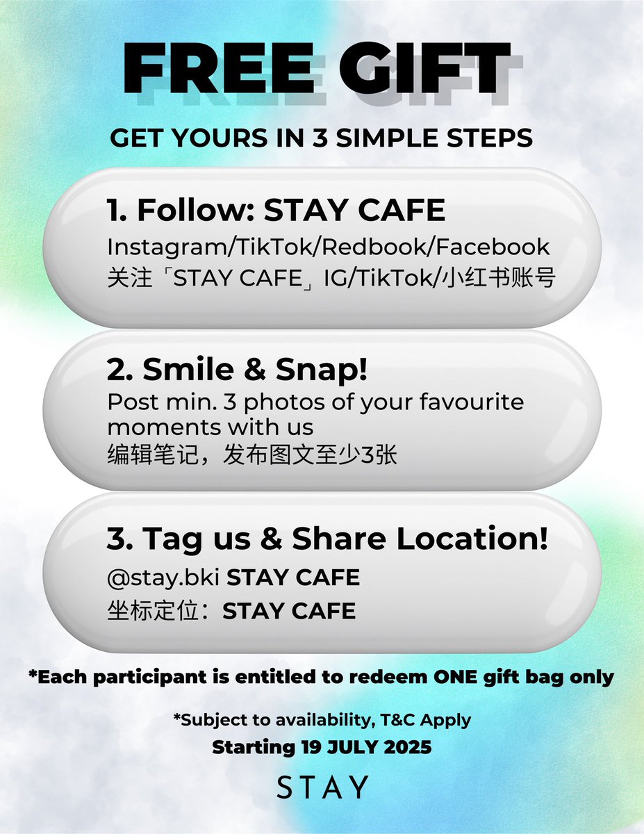 chanelslii's tweet photo. We’re turning 2 and YOU get the gift! 🥰

Starting 19 July 2025, snap your cutest café moments, tag us, and snatch a FREE STAY Twogether Bag 👜

📍STAY CAFE
Lot 11-0, Ground Floor, Lido Plaza, Nosoob Penampang

#stay #staybki #staycafe #StayCafeTurns2 #StayTwogether #freegift https://t.co/u5TYNswpp4