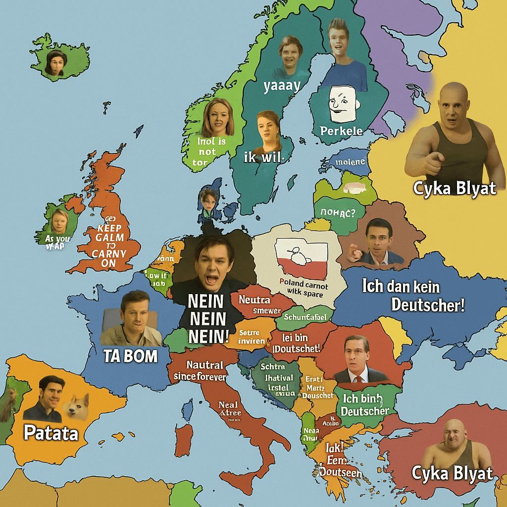 ChatgptLunatics's tweet photo. Most famous European memes according to ChatGPT https://t.co/pMsTQJe5sK