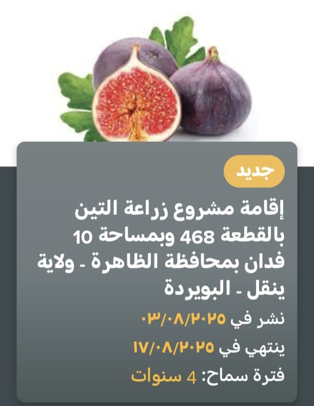تعلن المديرية العامة للثروة الزراعية وموارد المياه بمحافظة الظاهرة عن طرح عدد من الفرص الاستثمارية لمشاريع الأمن الغذائي بولايتى عبري وينقل 
للاطلاع على التفاصيل والتقديم، يمكنكم تسجيل الدخول إلى المنصة عبر الرابط:
🔗 tatwir.om