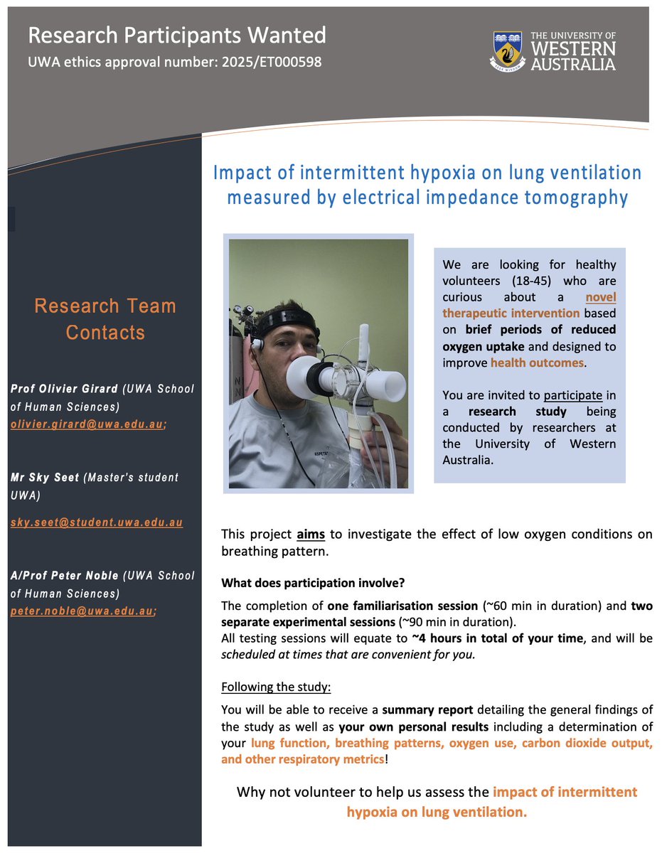 We are studying how short-term exposure to low oxygen levels affects breathing, both overall and in different parts of the lungs. 
To do this, we will use a safe, non-invasive imaging method called electrical impedance tomography.
Interest ? Please reach out !